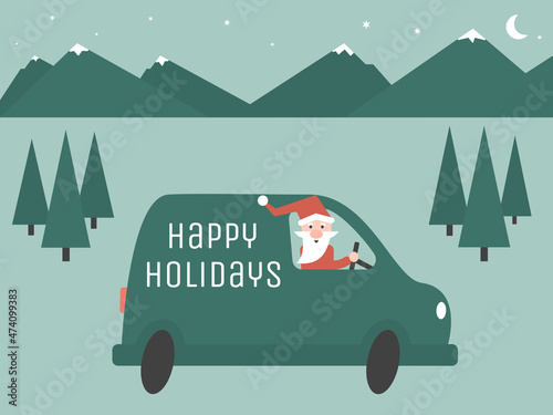 Santa drive bus with inscription Happy holidays 