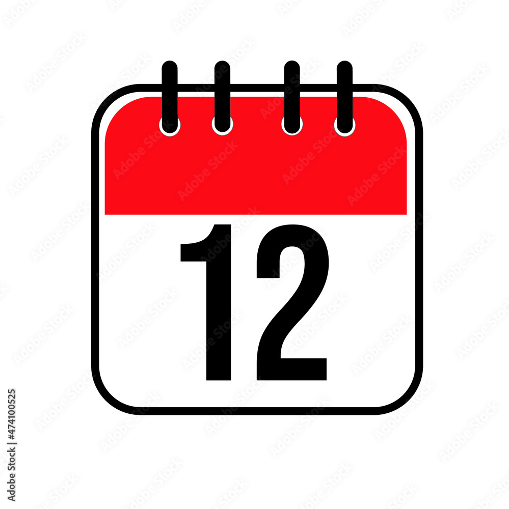 Calendar day 12. Number twelve on a white paper with red border on white background. Vector ilustration.
