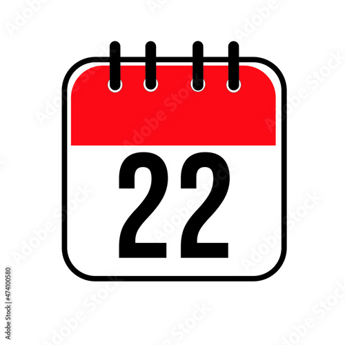 Calendar day 22. Number twenty one on a white paper with red border on white background. Vector ilustration.
