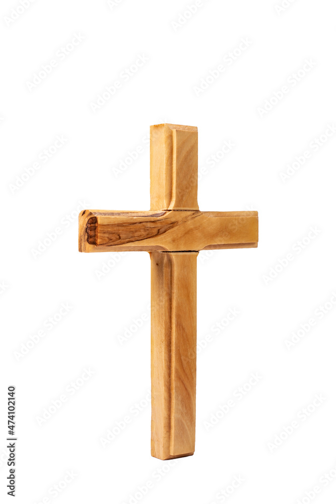 Wooden crucifix standing on white background.