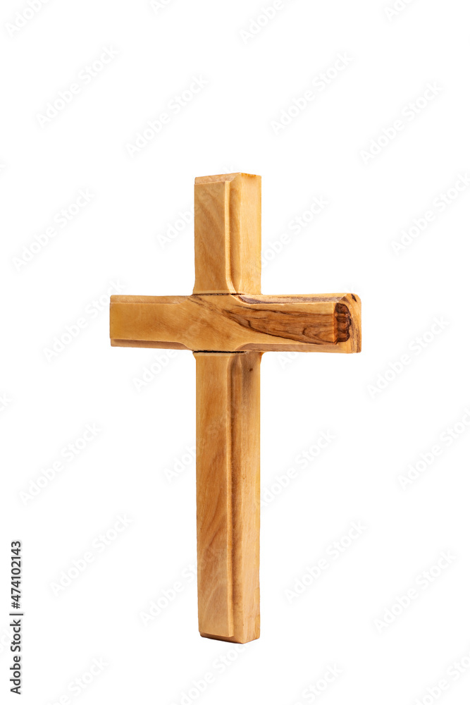 Wooden crucifix standing on white background.