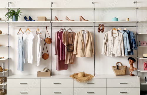 Photography Stylish female clothes, shoes and accessories in boutique