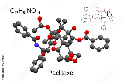 Chemical formula, structural formula and 3D ball-and-stick model of the anticancer drug paclitaxel, white background photo