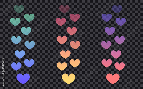 Set of colorful flying hearts for live stream on transparent background using trend gradient colors. Social media concept. Vector illustration
