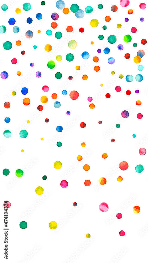 Watercolor confetti on white background. Alluring rainbow colored dots. Happy celebration high colorful bright card. Fantastic hand painted confetti.
