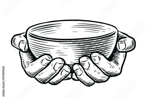 Empty bowl in hands. Sketch vintage vector illustration
