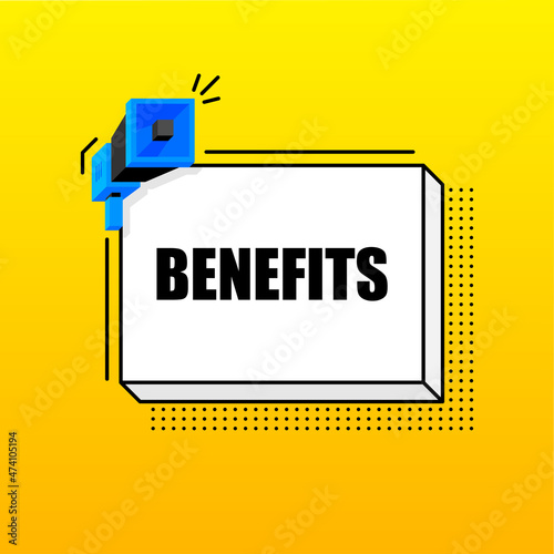 Benefits banner template. Marketing flyer with megaphone. Isometric and geometric style. Template for retail promotion and announcement. Vector illustration.