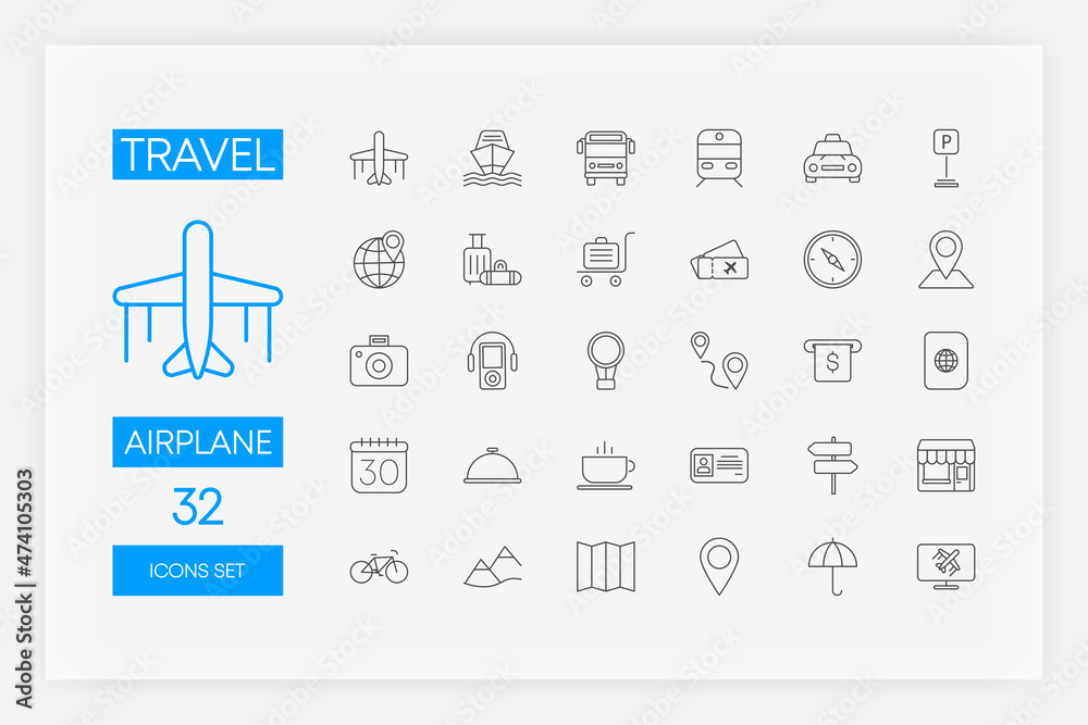 Set of blue color line icons of Travel isolated on white background. Vector illustration.