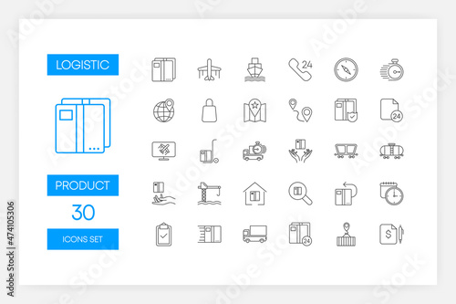 Set of blue color line icons of Logistic isolated on white background. Vector illustration.