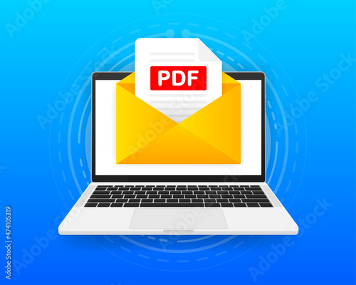 Computer with envelope and PDF file. Laptop and email with PDF document attachment. Vector illustration.