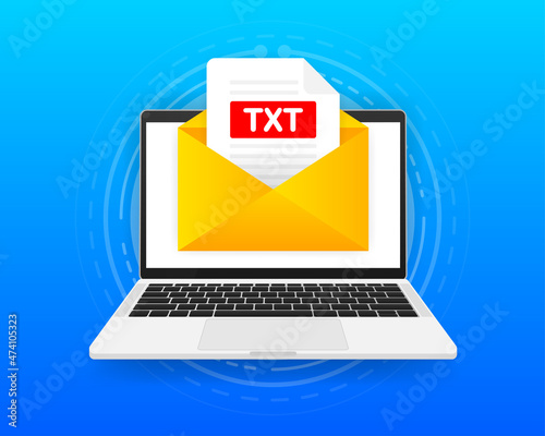 Computer with envelope and TXT file. Laptop and email with TXT document attachment. Vector illustration.