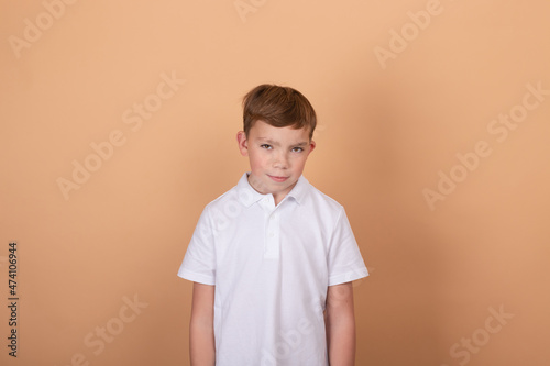 emotional portrait of a young boy teenager. charming school boy. beautiful kid. on light brown background.