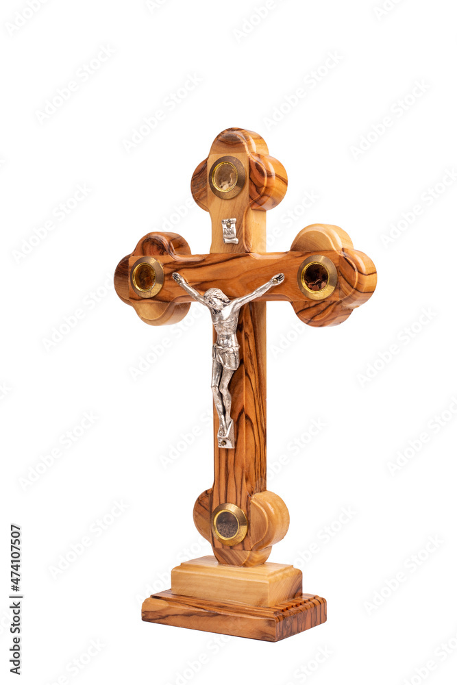 Wooden crucifix standing on white background. Wooden crucifix standing on white background.