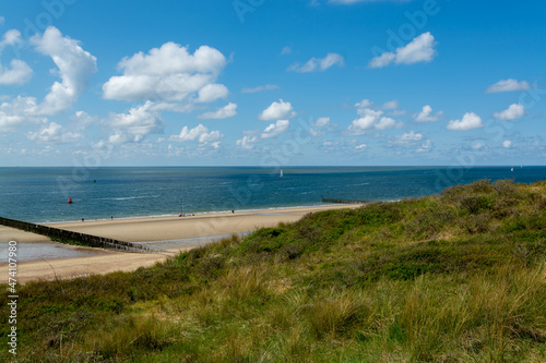 View on white sandy  beach  dunes and water of North sea between Vlissingen en Domburg  Zeeland  Netherlands