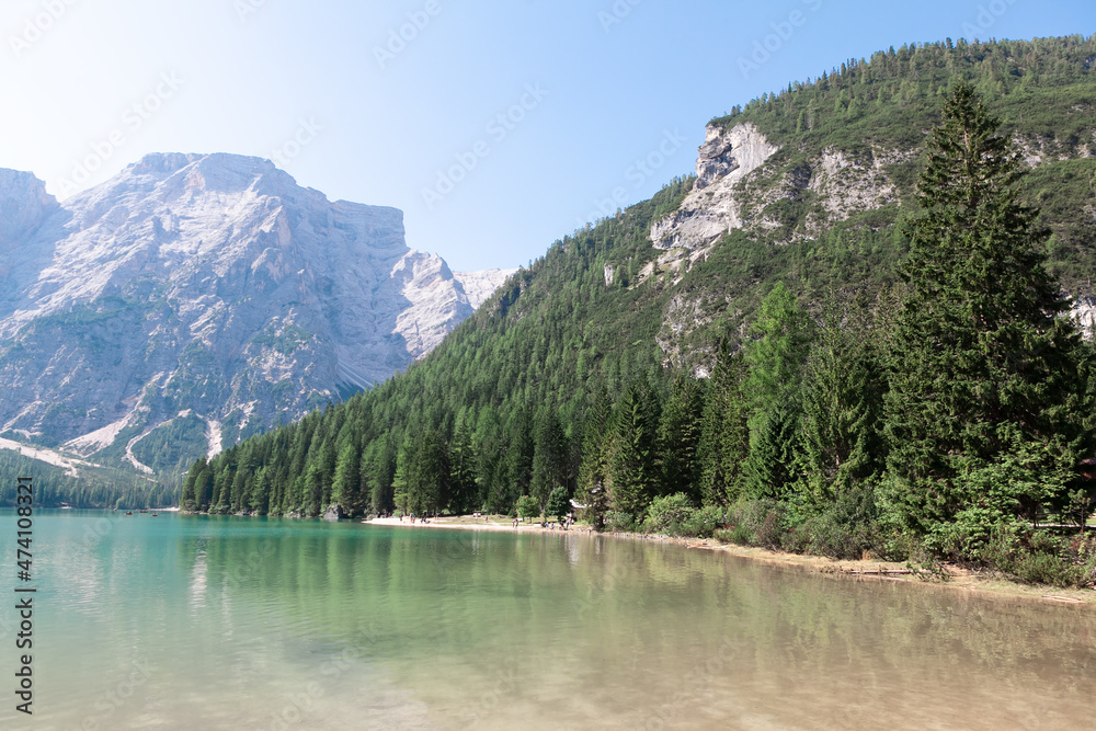 Pragser Wildsee beautiful lakes in Italy . Lake Braies and Alps 