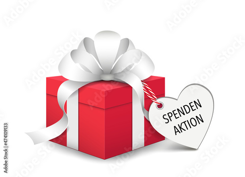 Geschenk Karton in rot mit weißer Schleife und „Spendenaktion“ Herz-Kärtchen,
Vektor Illustration isoliert auf weißem Hintergrund