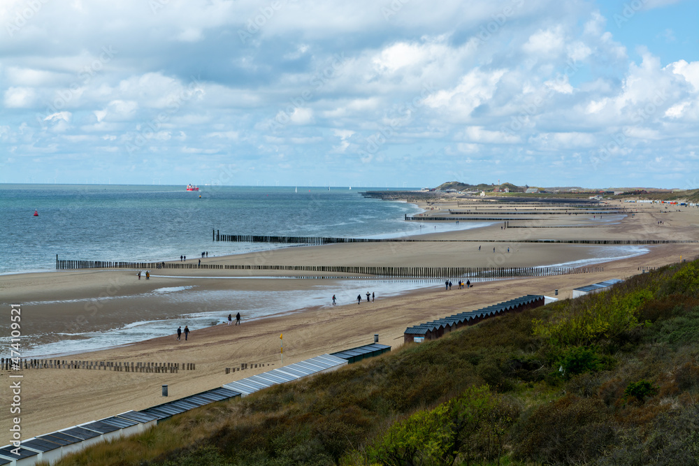 View on white sandy  beach, dunes and water of North sea between Vlissingen en Domburg, Zeeland, Netherlands