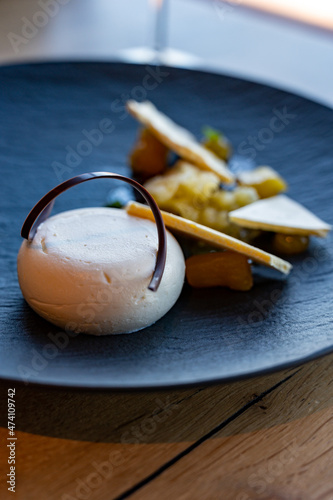 Tasty meringues with apple cream mousse and white chocolate dessert