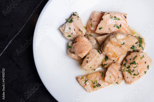 Diced and cooked salmon