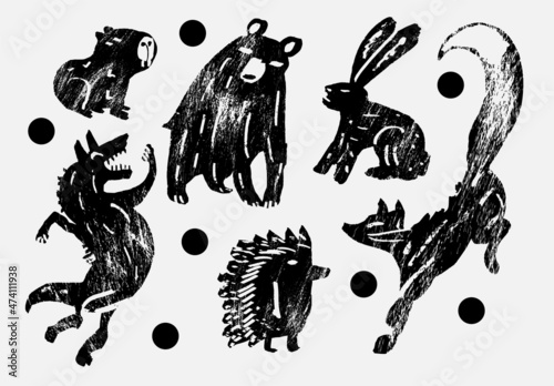 Abstract wild and domesticated  animals: capybara, bear, hare, fox, ox, hedgehog. Set of contemporary asian art print templates. Ink, vector illustration