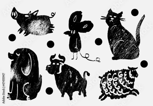 Abstract wild and domesticated  animals: pig, mouse, cat, dog, bull, ram. Set of contemporary asian art print templates. Ink, vector illustration photo