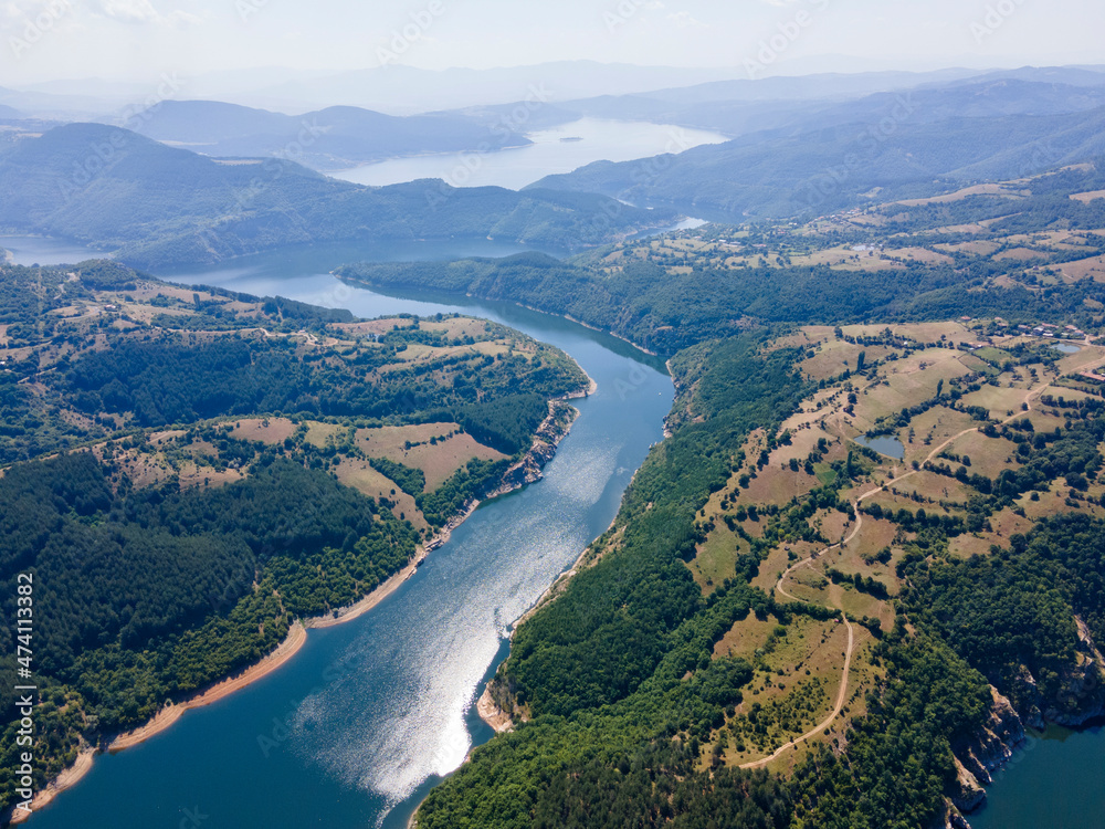 Aerial view of Arda River meander at Kardzhali Reservoir, Bulgaria