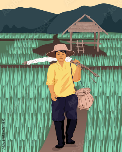 fisherman with rod walking in field
