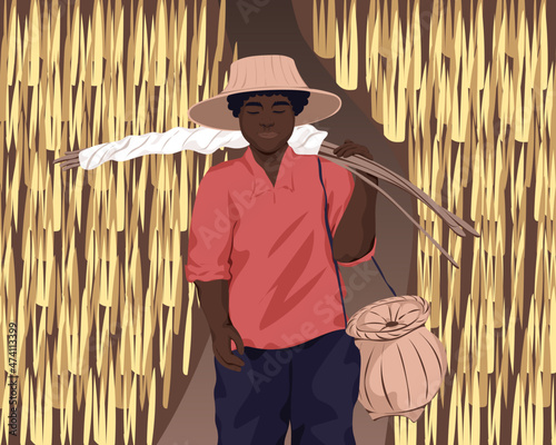 Fisherman walking through field with daily catch
