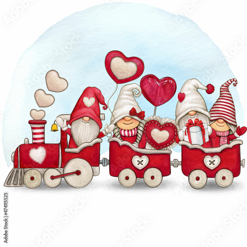 Watercolor love train with gnomes