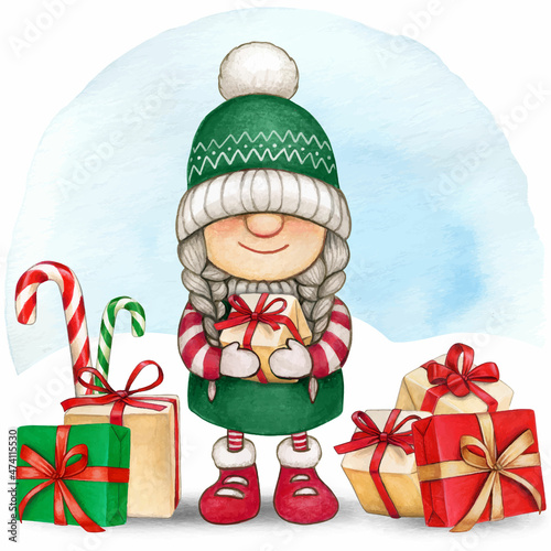 Watercolor cute hand drawn christmas gnome