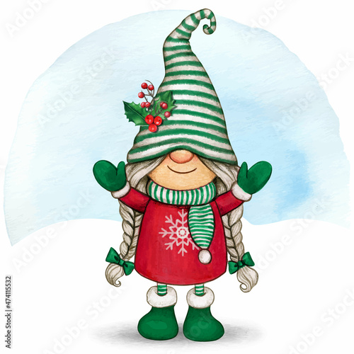 Watercolor cute hand drawn christmas gnome
