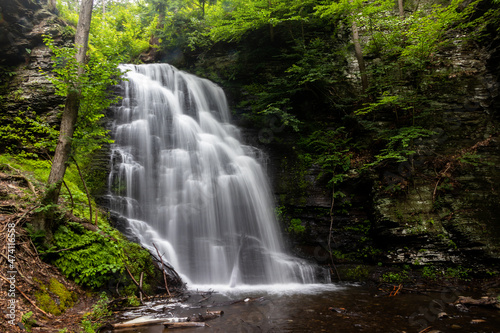 Beautiful Step Waterfall Cascading Over a Lush Green Forest at Bushkill Falls Pennsylvania