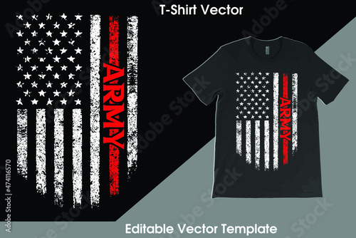 Proud USA Army T-Shirt Vector Template Design with vintage USA grunge flag design. Veteran remember and honor design, solder hero t-shirt designs.