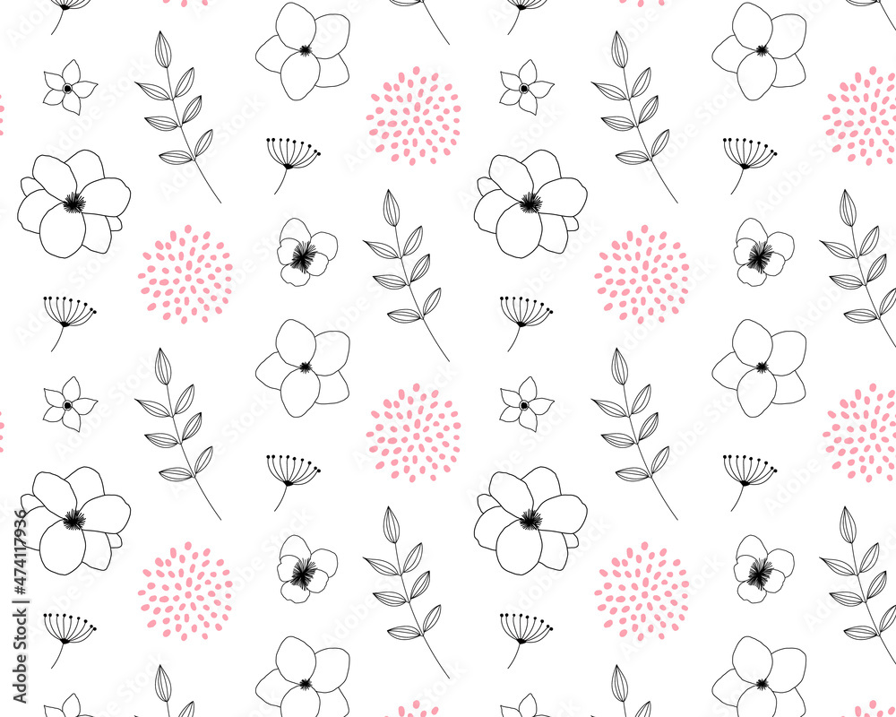 線画のモノクロの花柄のパターン背景イラスト 白 Stock Vector Adobe Stock