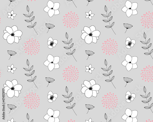 線画のモノクロの花柄のパターン背景イラスト（グレー）