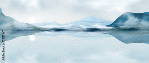 Fototapeta Naklejka Na Ścianę i Meble -  Watercolor art background with mountains and hills in the fog in blue tones on the lake in winter with the sun. Landscape banner for interior decoration, print, decor