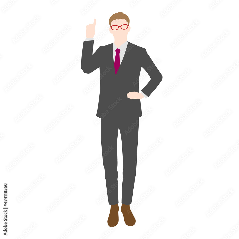 Illustration of a businessman wearing glasses with his index finger raised (white background, vector, cut out) Illustration of a businessman wearing glasses with his index finger raised (white background, vector, cut out)