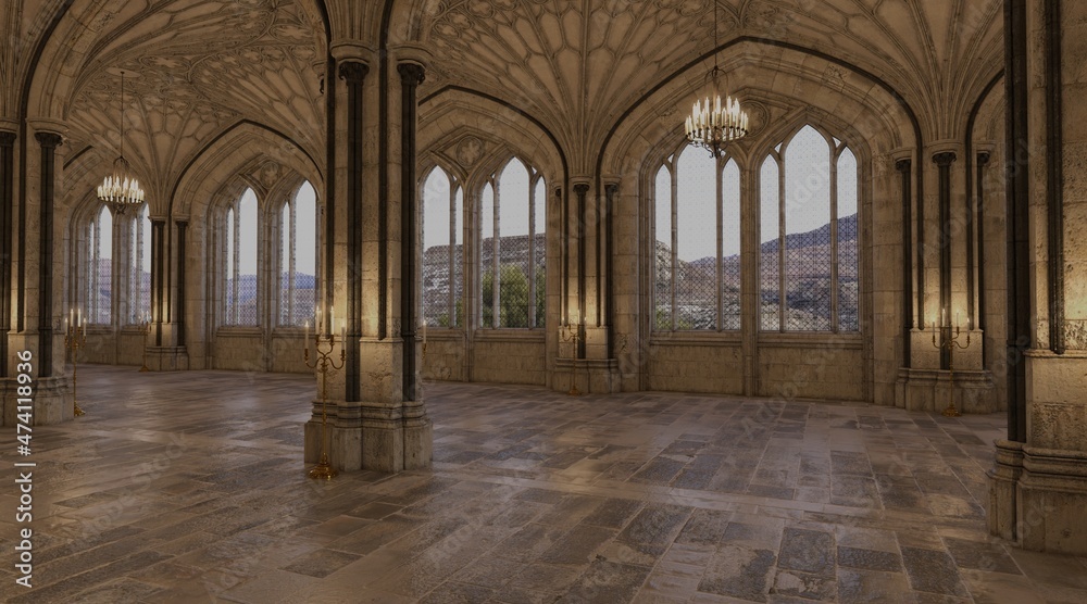 Fantasy medieval great hall in the castle 3d illustration