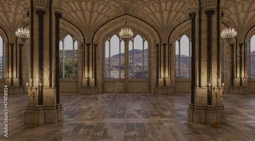 Fantasy medieval great hall in the castle 3d illustration