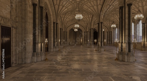 Fantasy medieval great hall in the castle 3d illustration photo