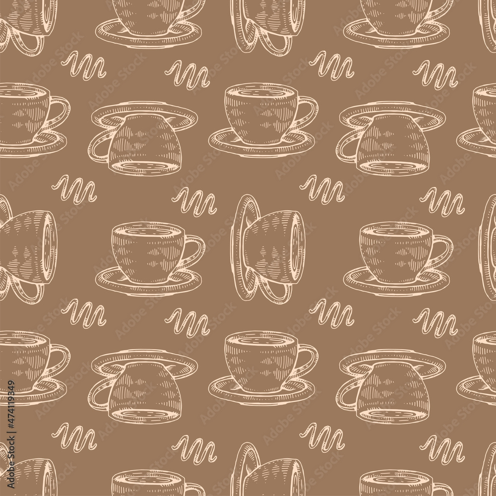 Detailed hand-drawn sketch coffee cups on the brown background. Detailed hand-drawn sketch coffee cups on the brown background.