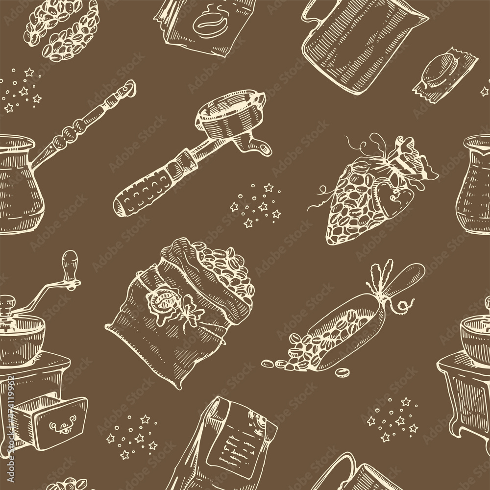 Images of coffee beans and cooking tools. Images of coffee beans and cooking tools.