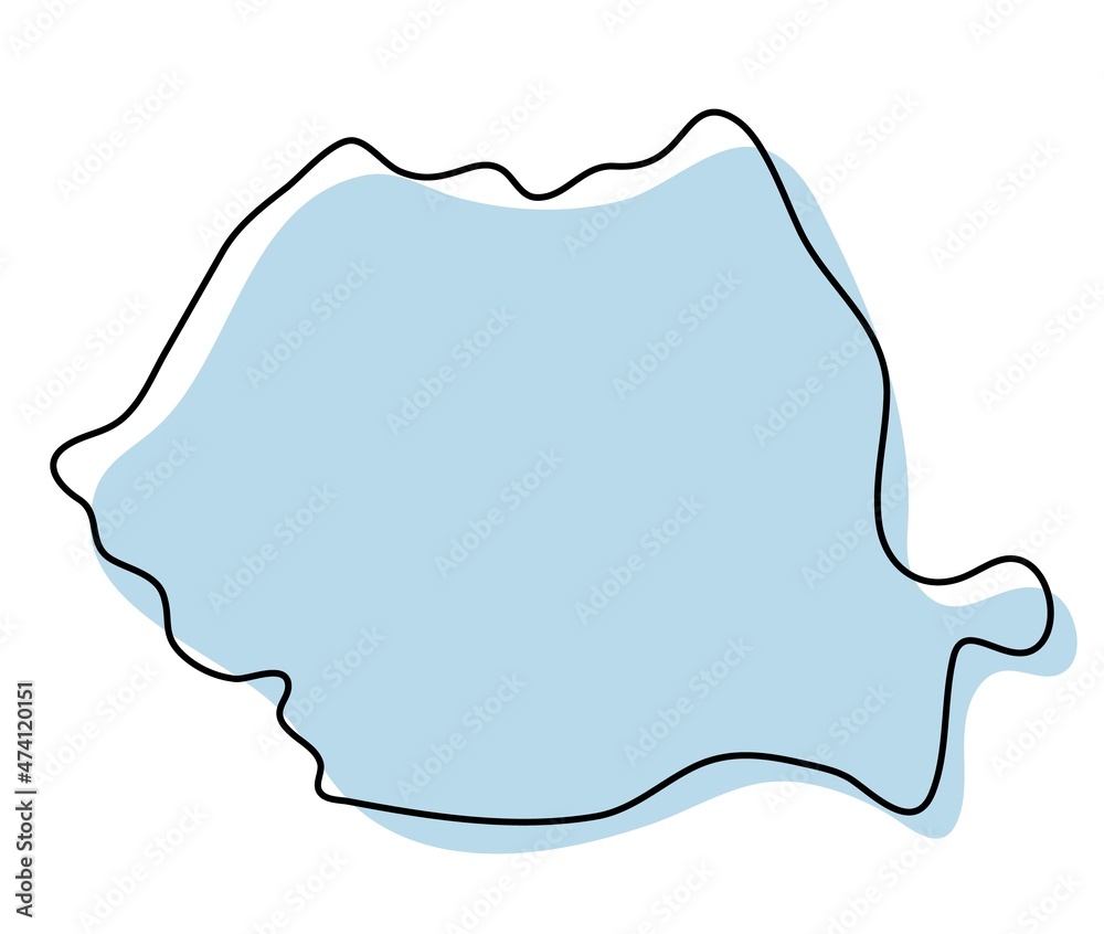 Stylized simple outline map of Romania icon. Blue sketch map of Romania illustration