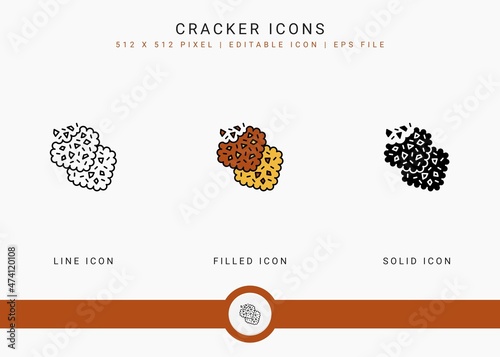 Cracker icons set vector illustration with solid icon line style. Cookie bite concept. Editable stroke icon on isolated background for web design, user interface, and mobile app
