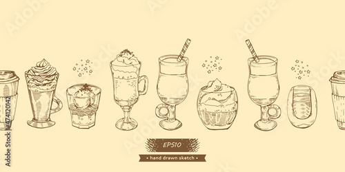 Hand drawn images of coffee drinks and desserts.