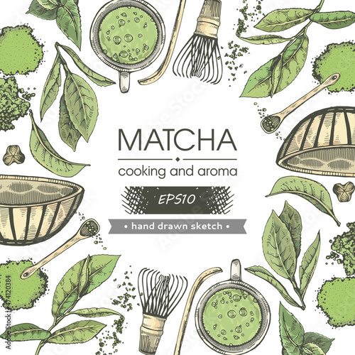 Detailed hand-drawn sketch matcha cooking and aroma.