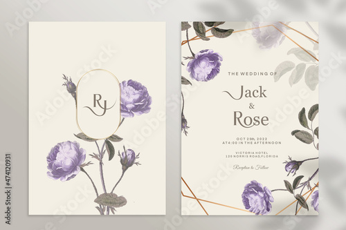 Vintage Wedding Invitation with Purple Flower