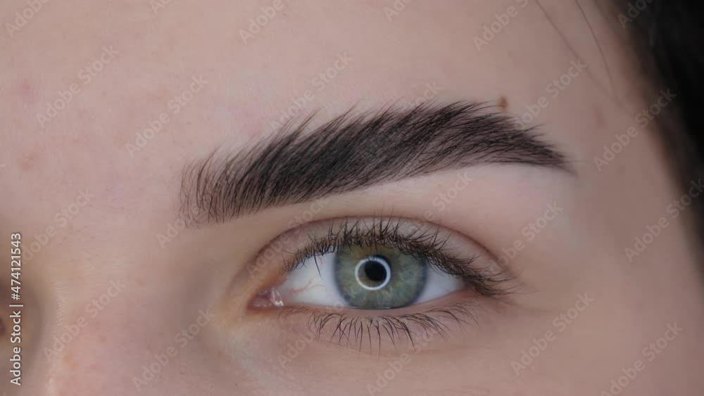 Female blue eye close up. Young woman looks straight into the frame Female blue eye close up. Young woman looks straight into the frame