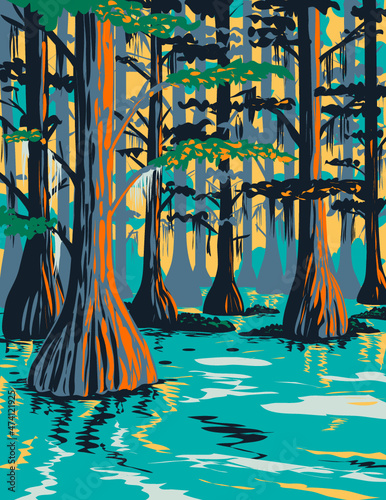 WPA poster art of Caddo Lake State Park with bald cypress trees on lake and bayou in Harrison and Marion County East Texas, United States of America USA done in works project administration style.
 photo