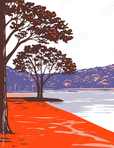 WPA poster art of Mousetail Landing State Park located on the eastern bank of Tennessee River in Perry County, Tennessee near Linden, United States USA done in works project administration style.
 photo